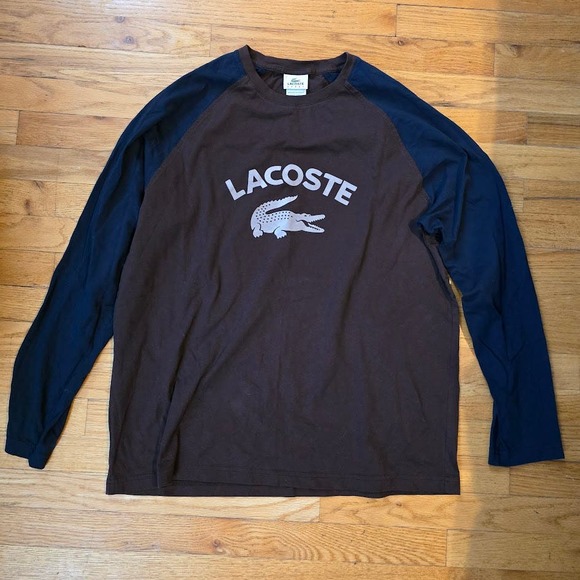 Lacoste Long Sleeve Logo Shirt Brown Blue Alligator Crew Neck Mens Sport Large - Picture 1 of 5